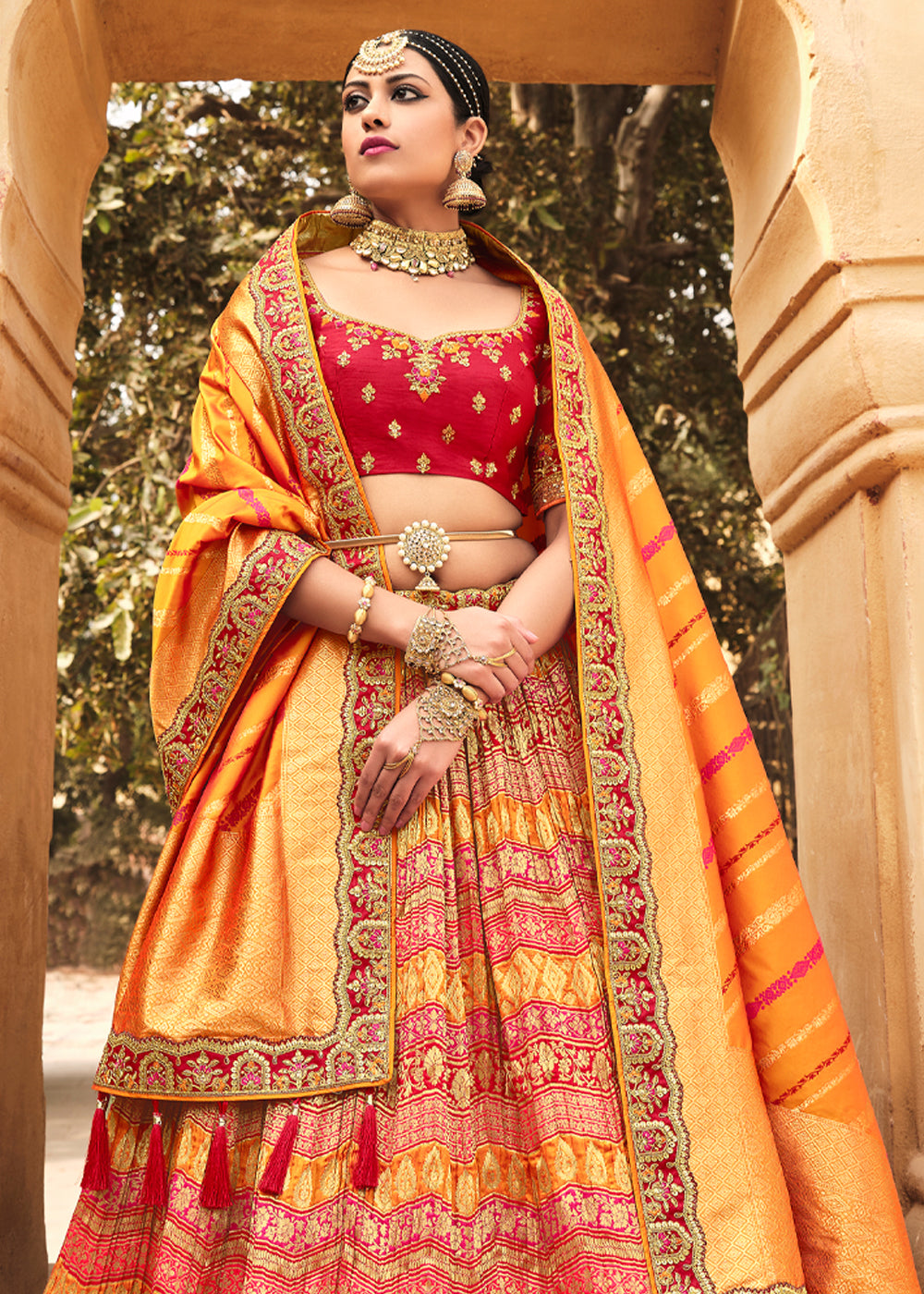 Valencia Red and Orange Heavy Embroidered Lehenga