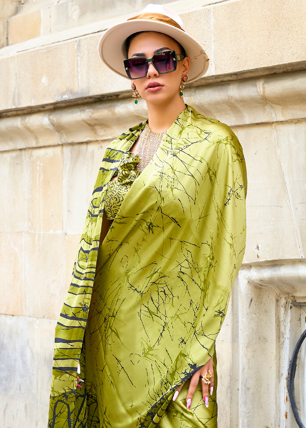 Celery Green Printed Satin Crepe Sarees