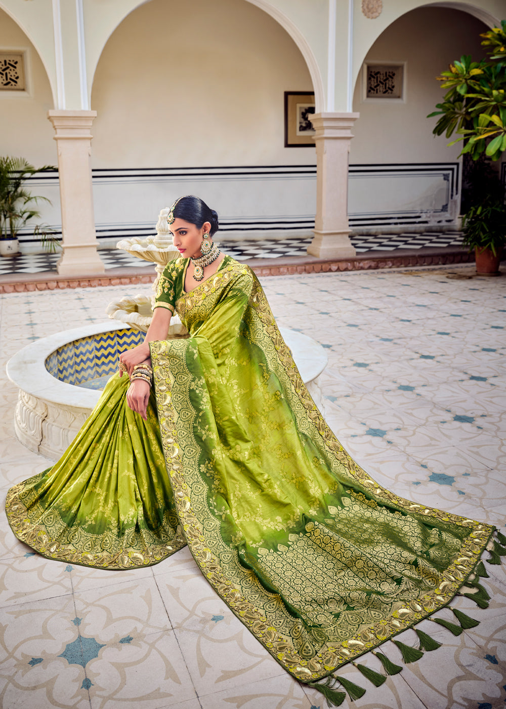 Lemon Green Zari Woven Designer Banarasi Saree