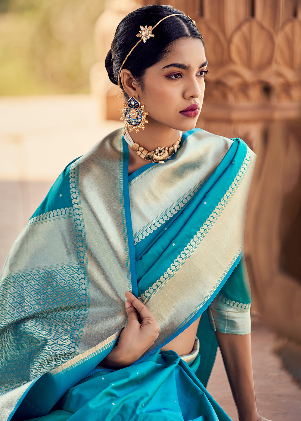 Java Blue Woven Banarasi Satin Silk Saree