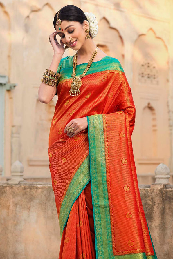 Sunset Orange and Blue Zari Woven Kanjivaram Saree