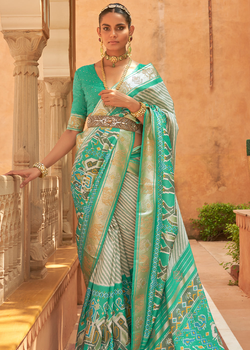 Ocean Green Blue Patola Silk Saree