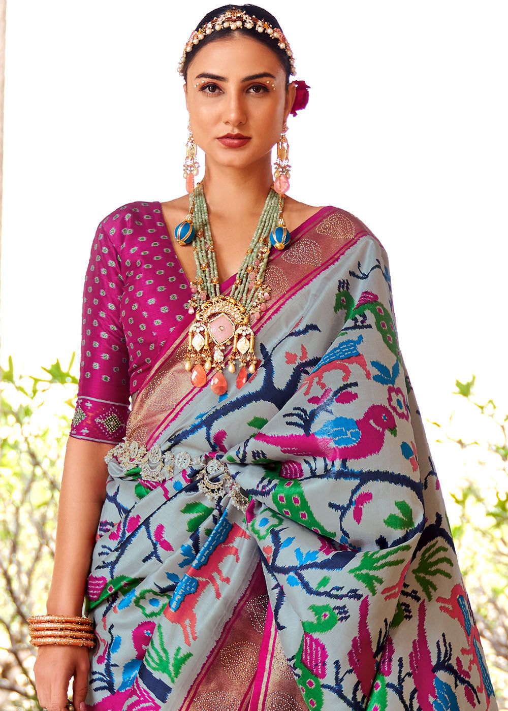 Bombay Grey and Pink Printed Patola Saree