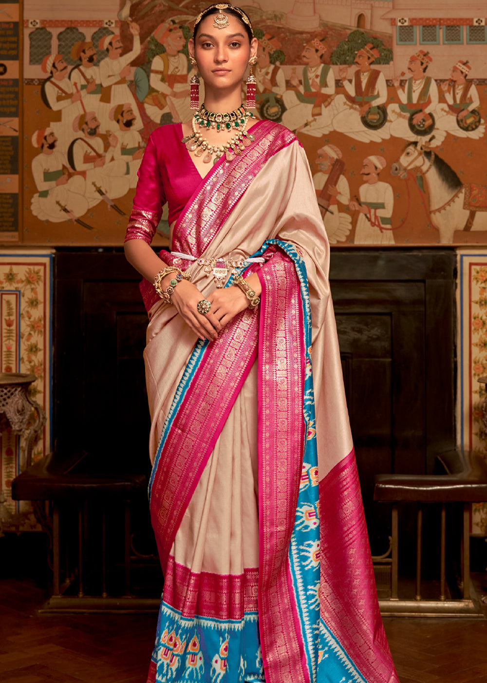 Cameo Beige and Pink Banarasi Patola Saree