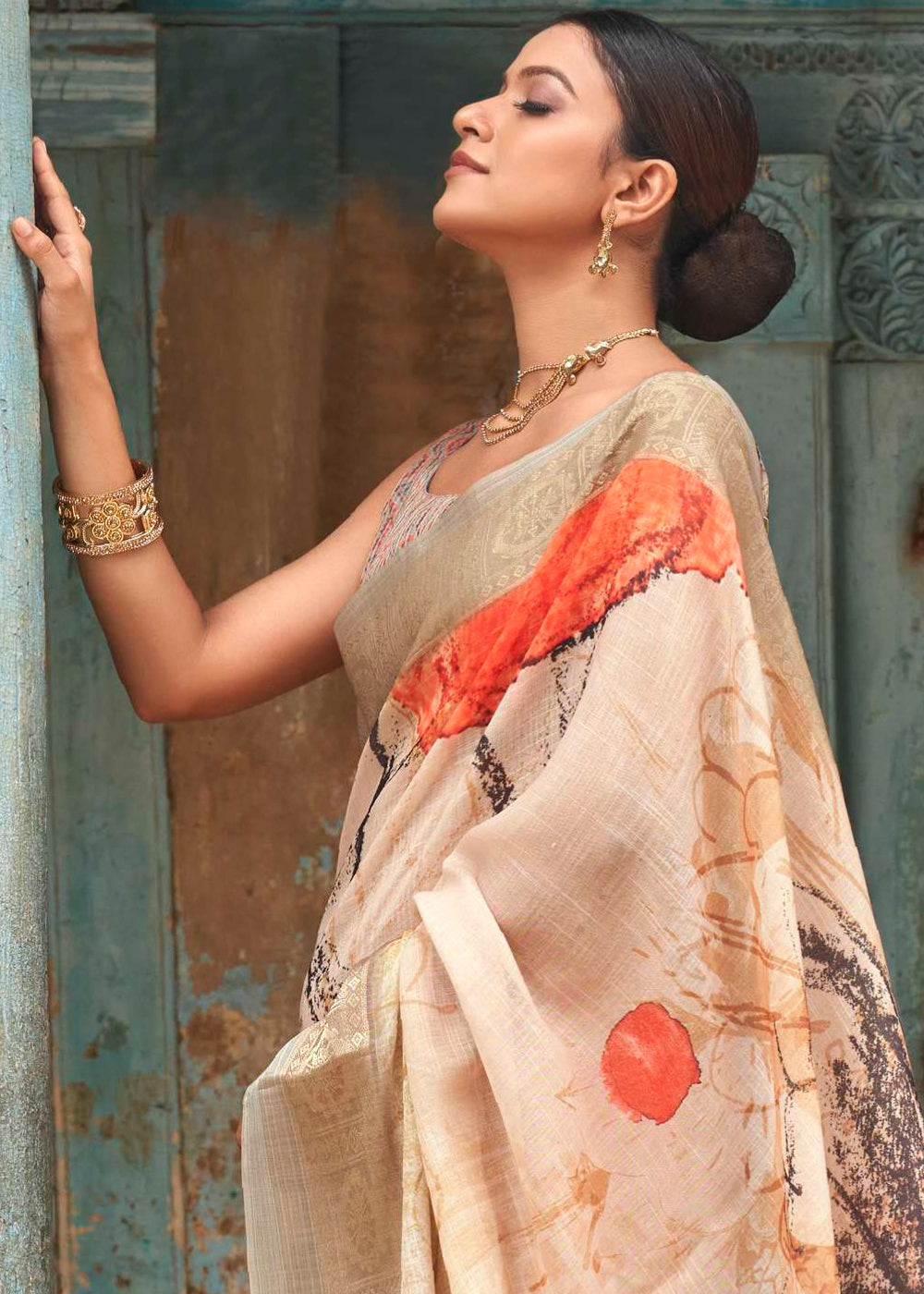 Dairy Light Brown Floral Printed Linen Silk Saree