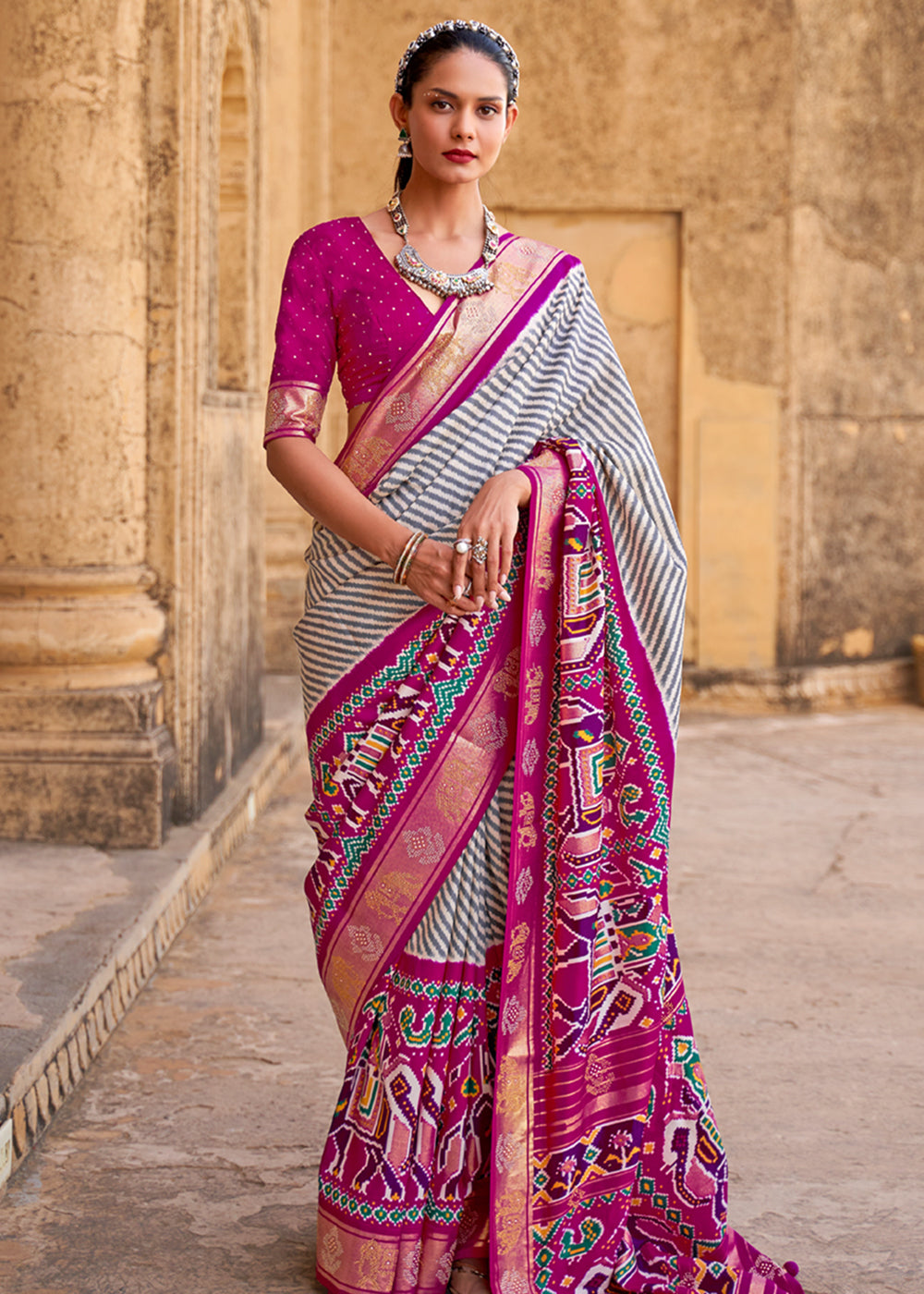 Mulberry White and Pink Zari Woven Patola Saree