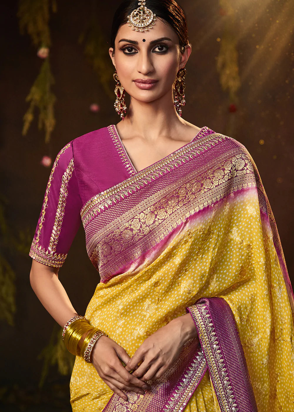 Anzac Yellow Woven Georgette Designer Saree with Embroidered Blouse