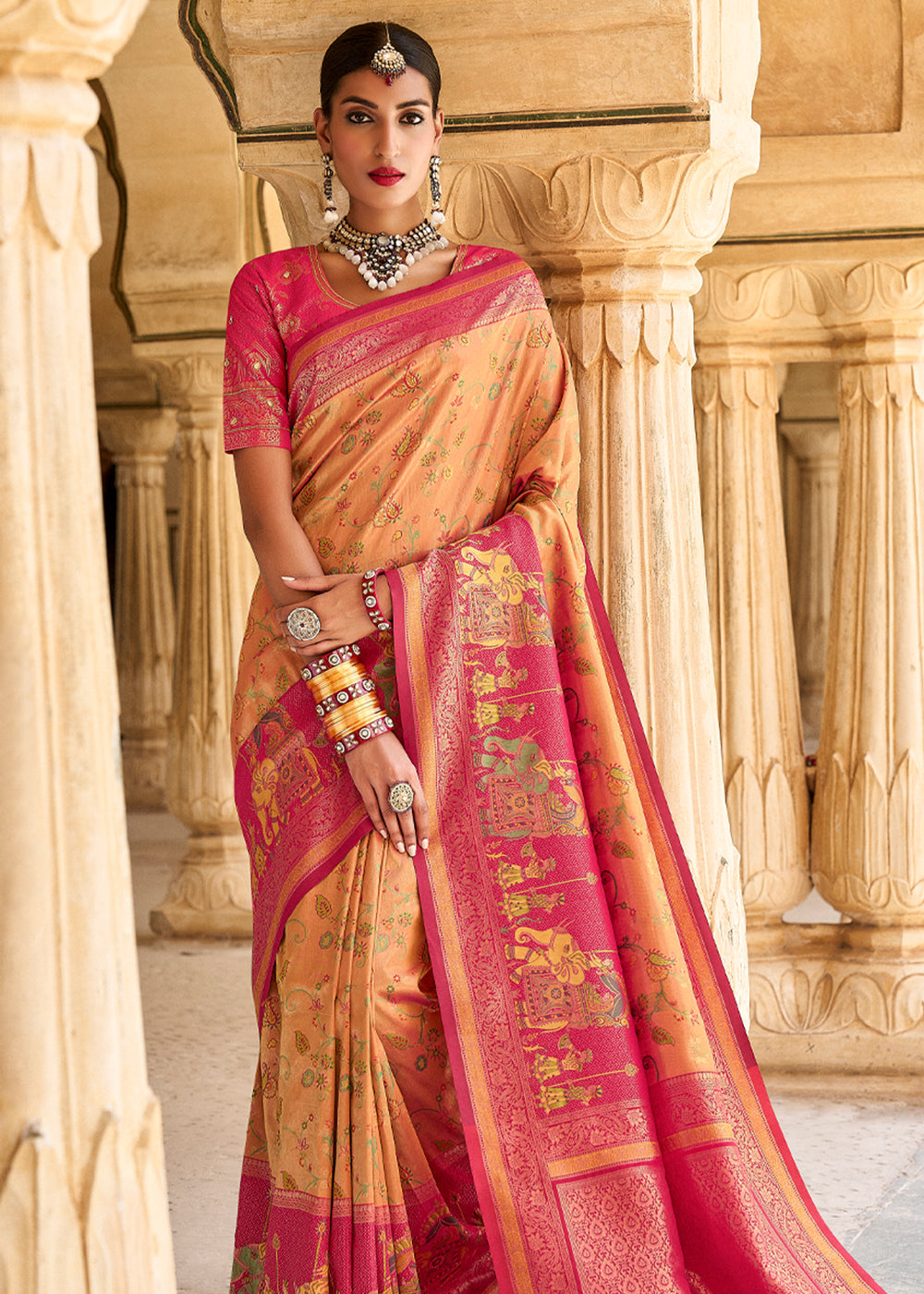 Peach Orange and Red Designer Banarasi Saree