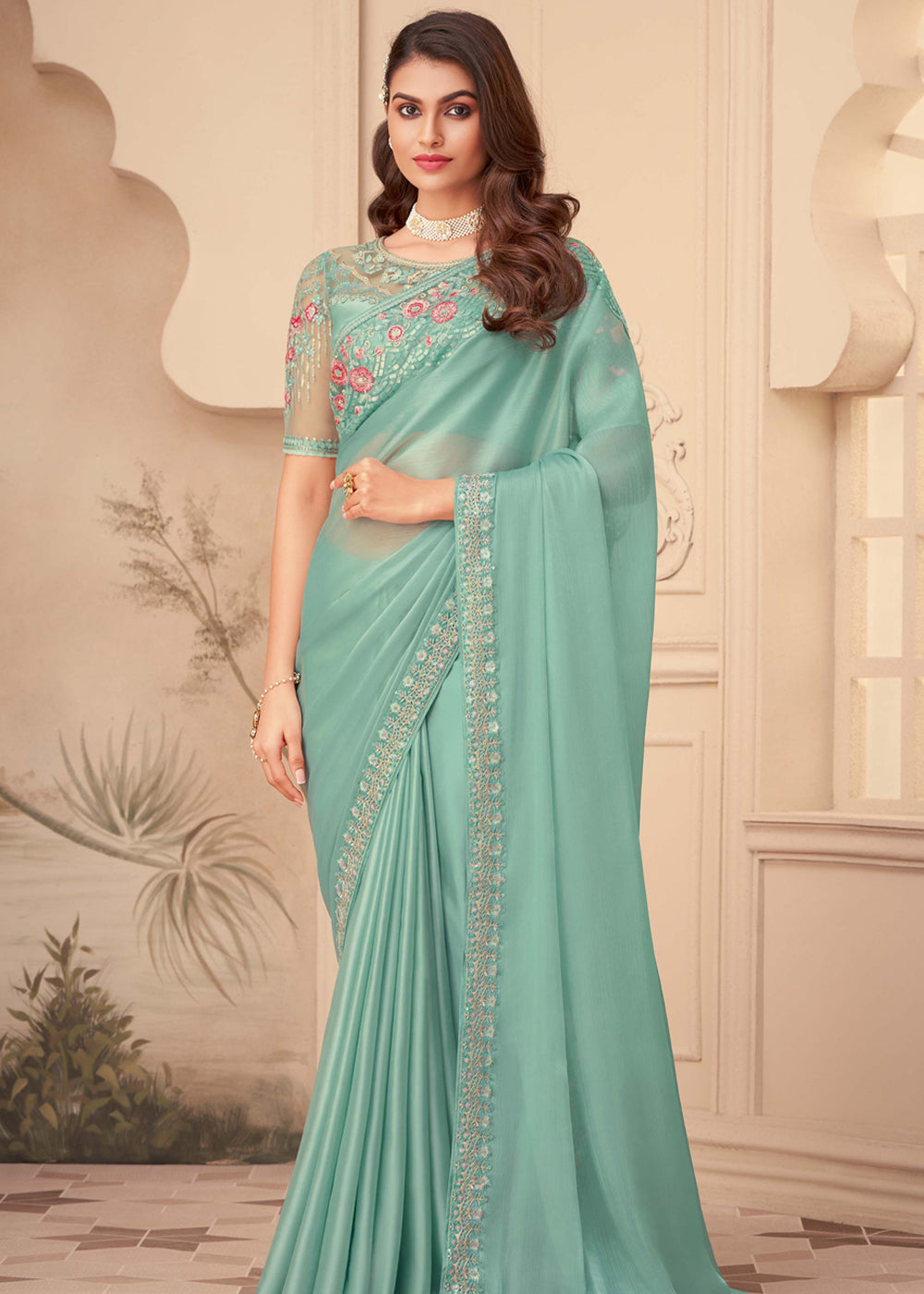 Summer Green Georgette Designer Saree with Embroidered Blouse