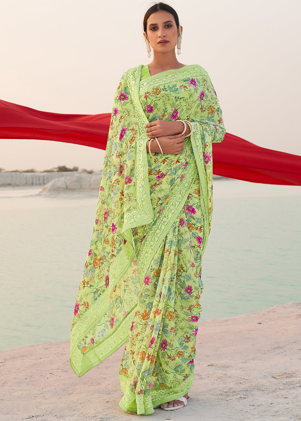 Willow Green Digital Printed Chiffon Saree