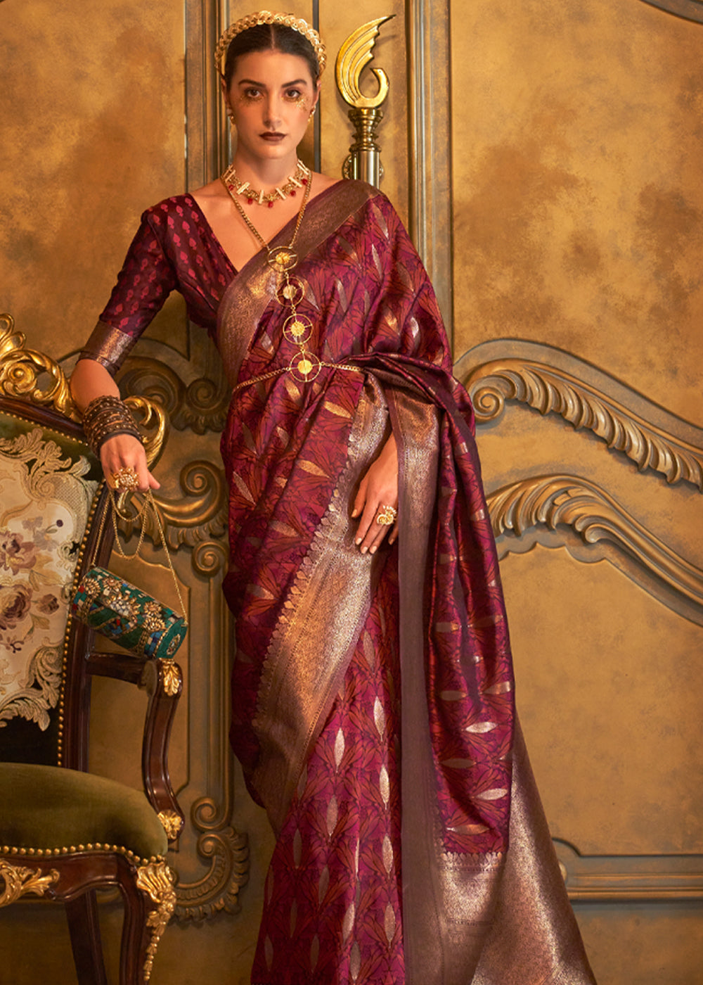 Dark Maroon Banarasi Satin Silk Saree