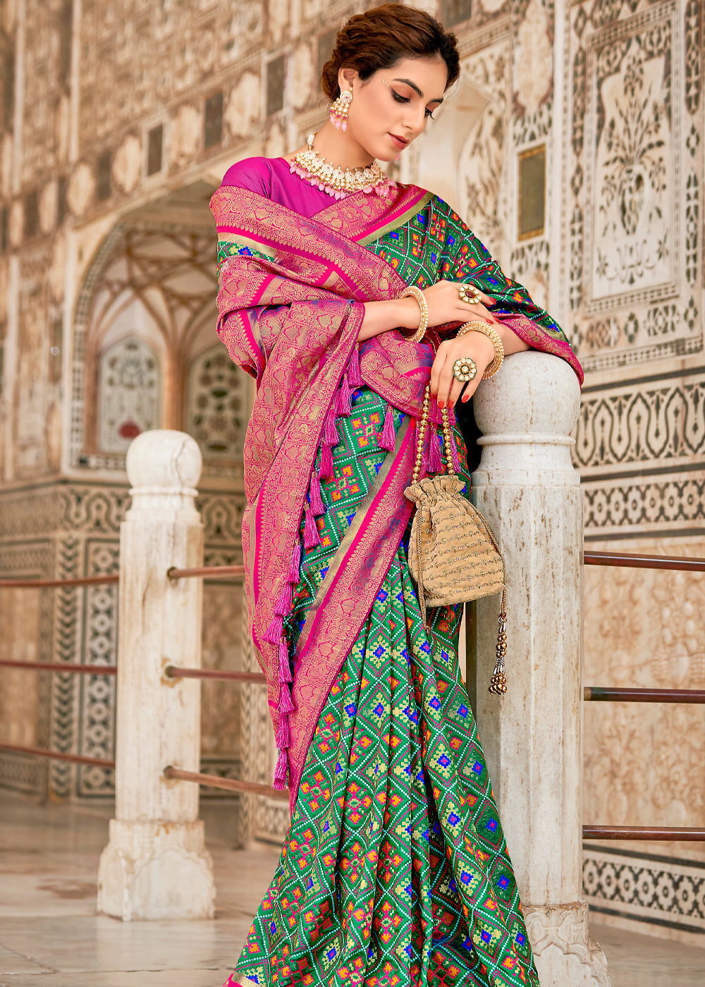 Amazon Green and Pink Zari Woven Patola Saree