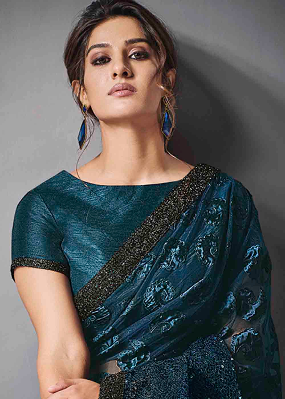 San Blue Designer Lycra Saree with Embroidery Work