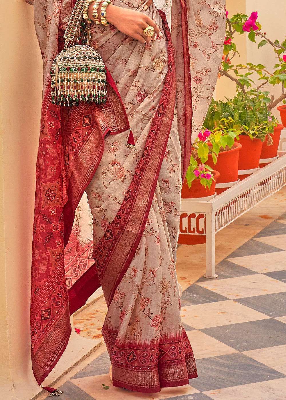 Medium Carmine Maroon Printed Chiffon Patola Silk Saree