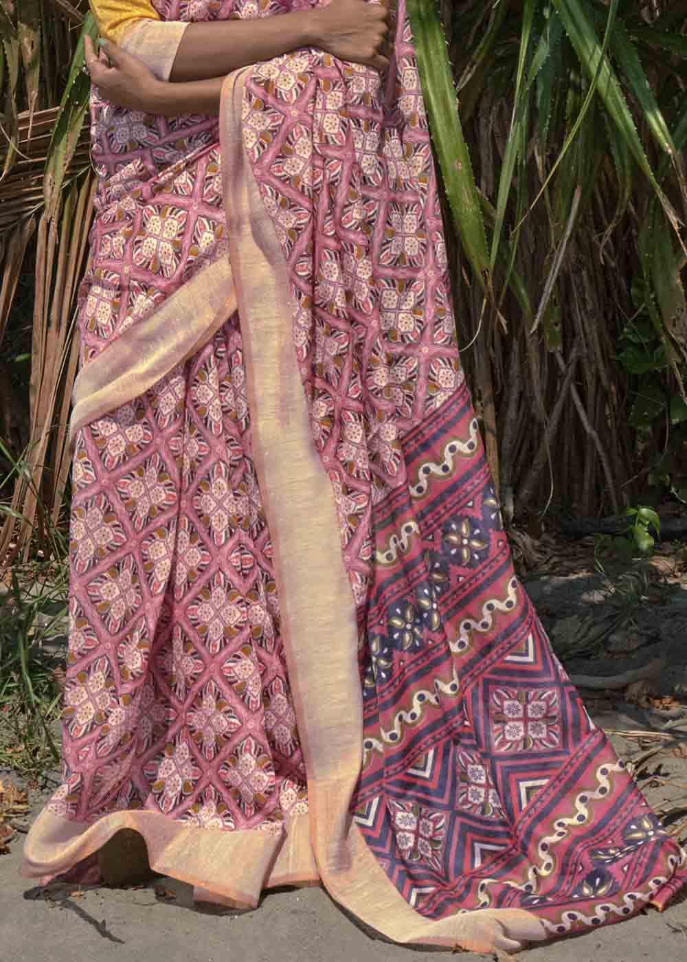 Turkish Pink and Yellow Printed Cotton Saree