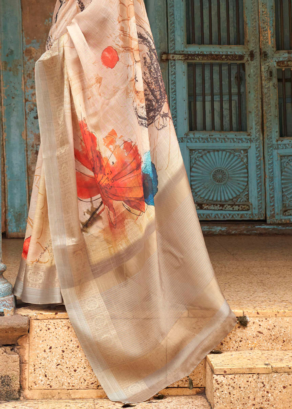 Dairy Light Brown Floral Printed Linen Silk Saree