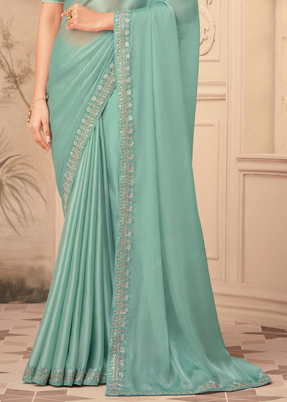 Summer Green Georgette Designer Saree with Embroidered Blouse