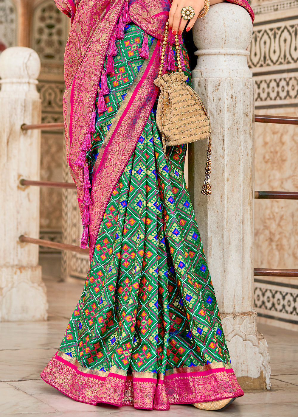 Amazon Green and Pink Zari Woven Patola Saree