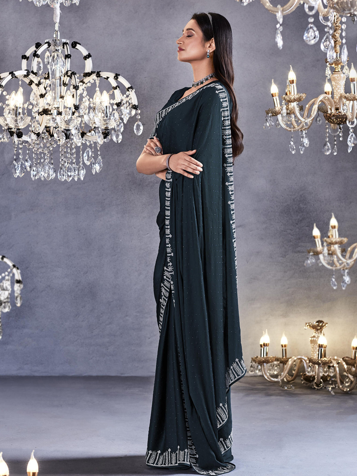 Limed Spruce Grey Woven Embroidered Satin Silk Saree