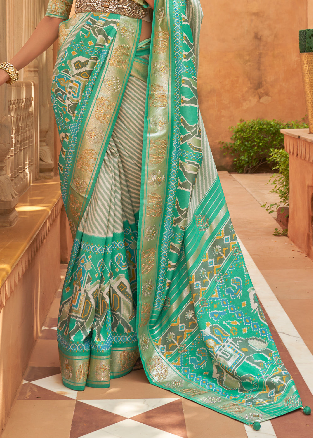 Ocean Green Blue Patola Silk Saree