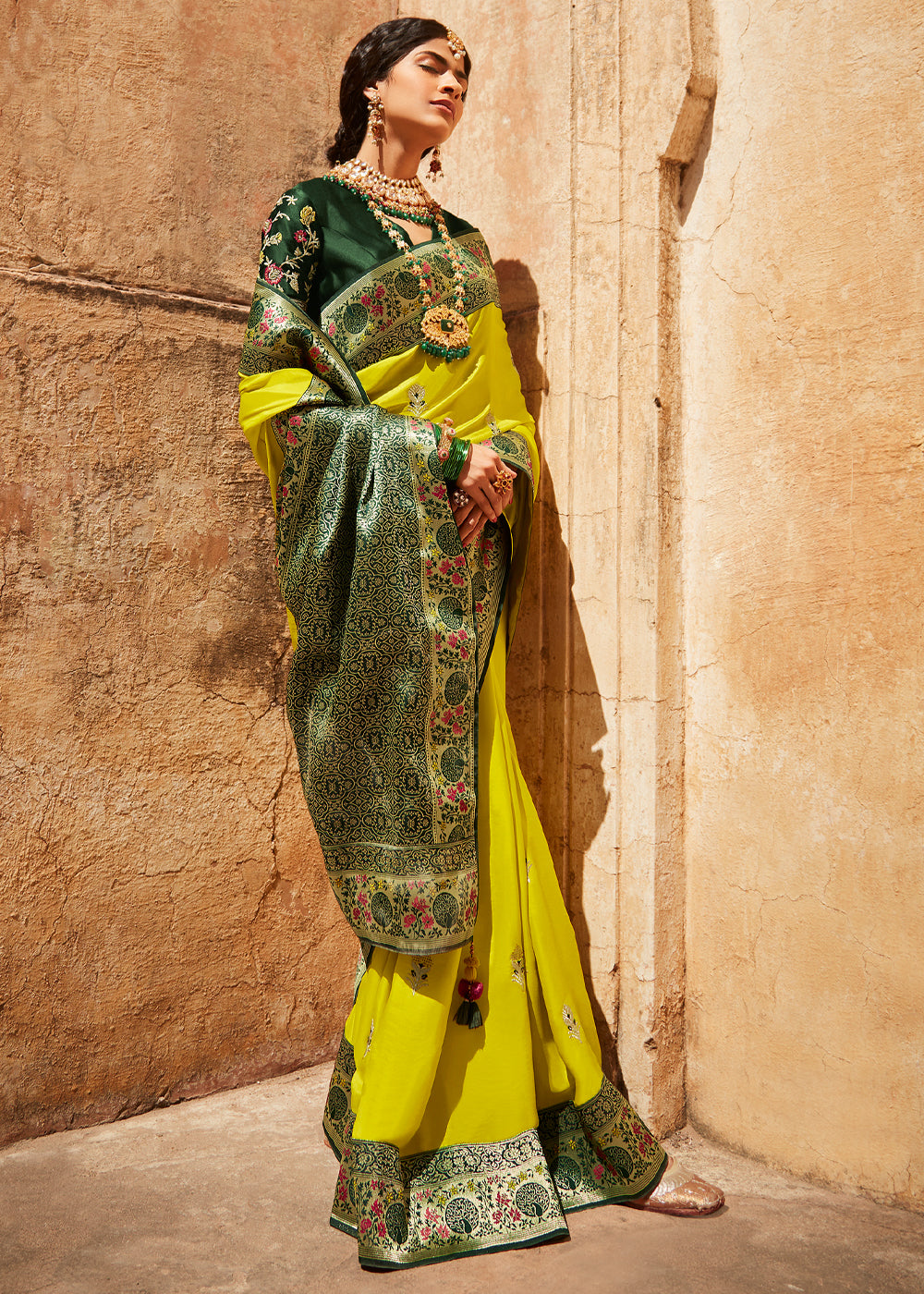 Sunflower Yellow and Green Zari Woven Designer Banarasi Saree