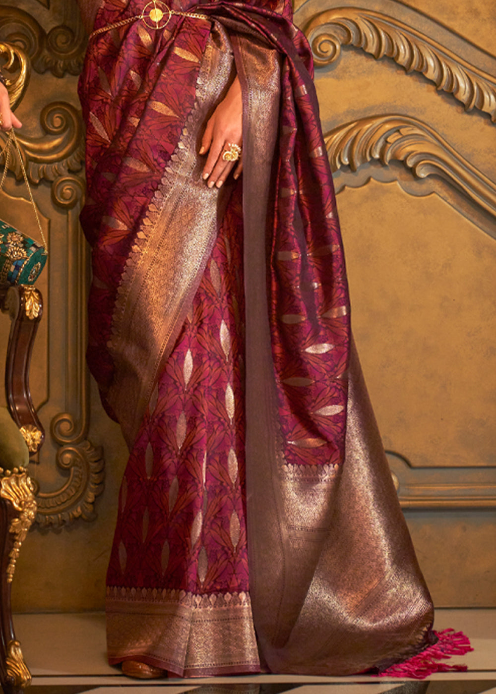 Dark Maroon Banarasi Satin Silk Saree