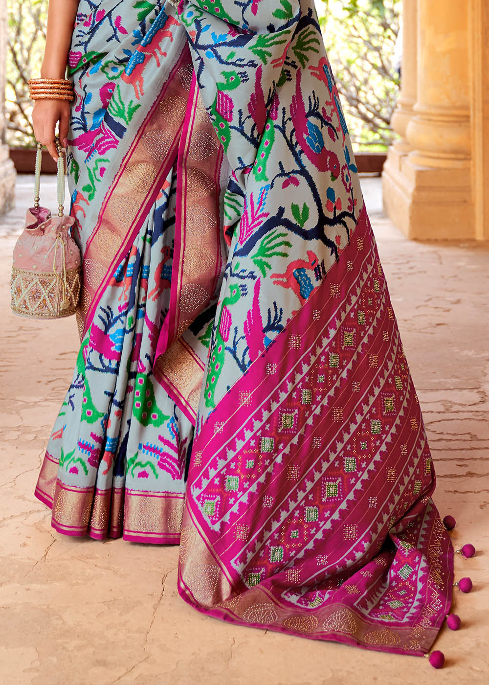 Bombay Grey and Pink Printed Patola Saree