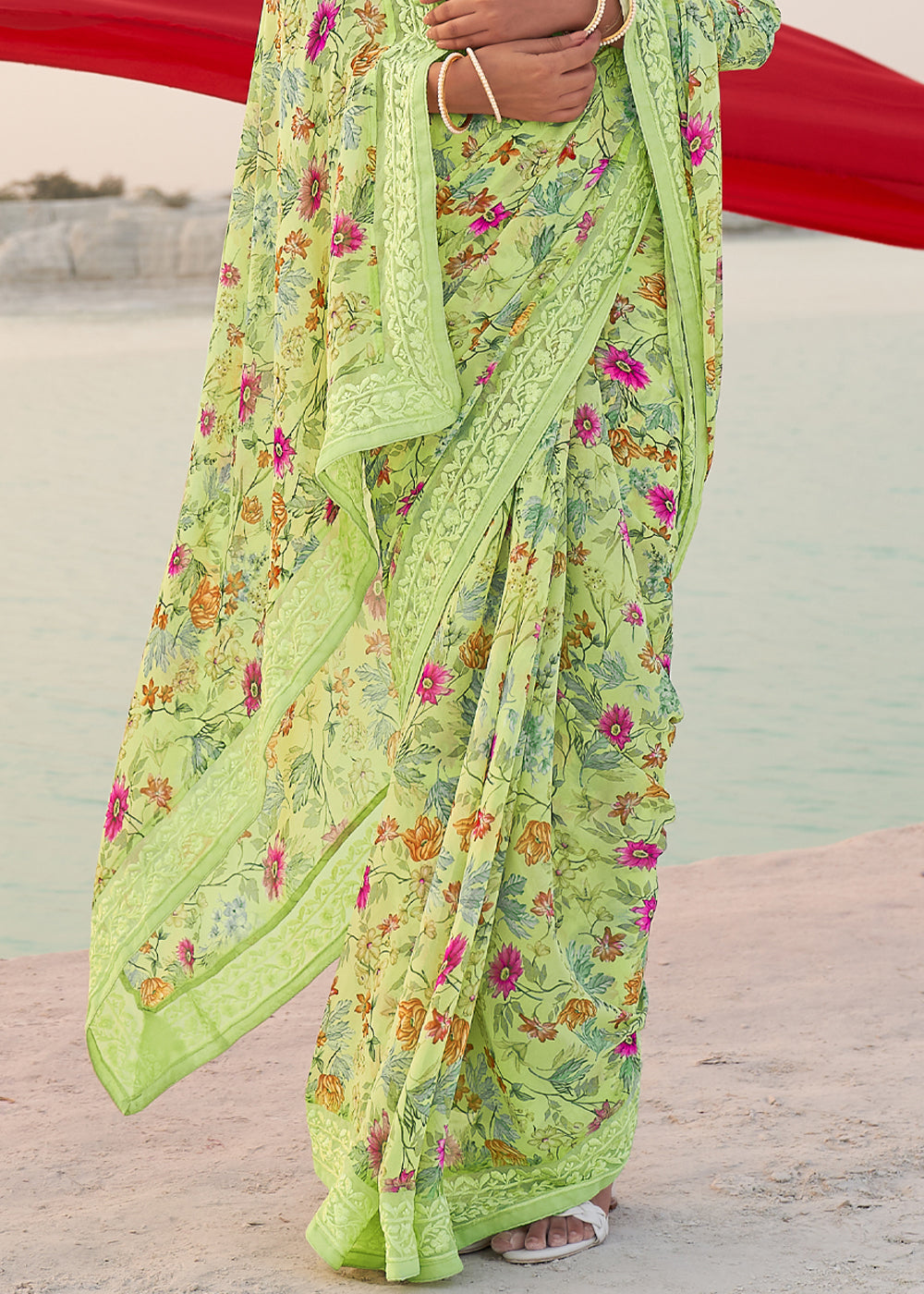 Willow Green Digital Printed Chiffon Saree