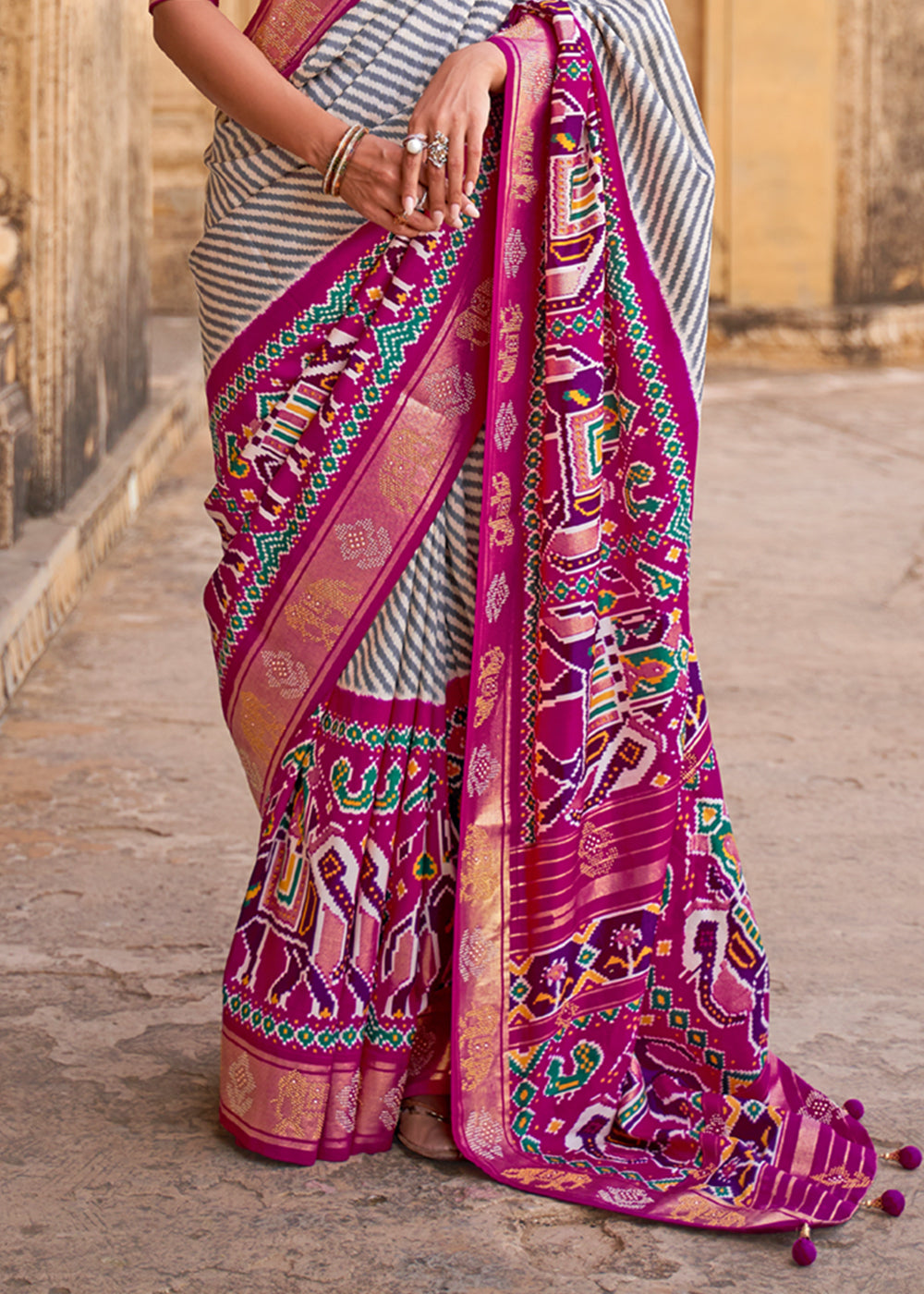 Mulberry White and Pink Zari Woven Patola Saree