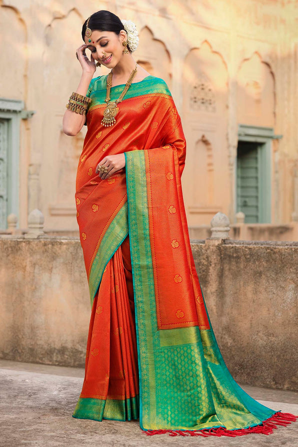 Sunset Orange and Blue Zari Woven Kanjivaram Saree