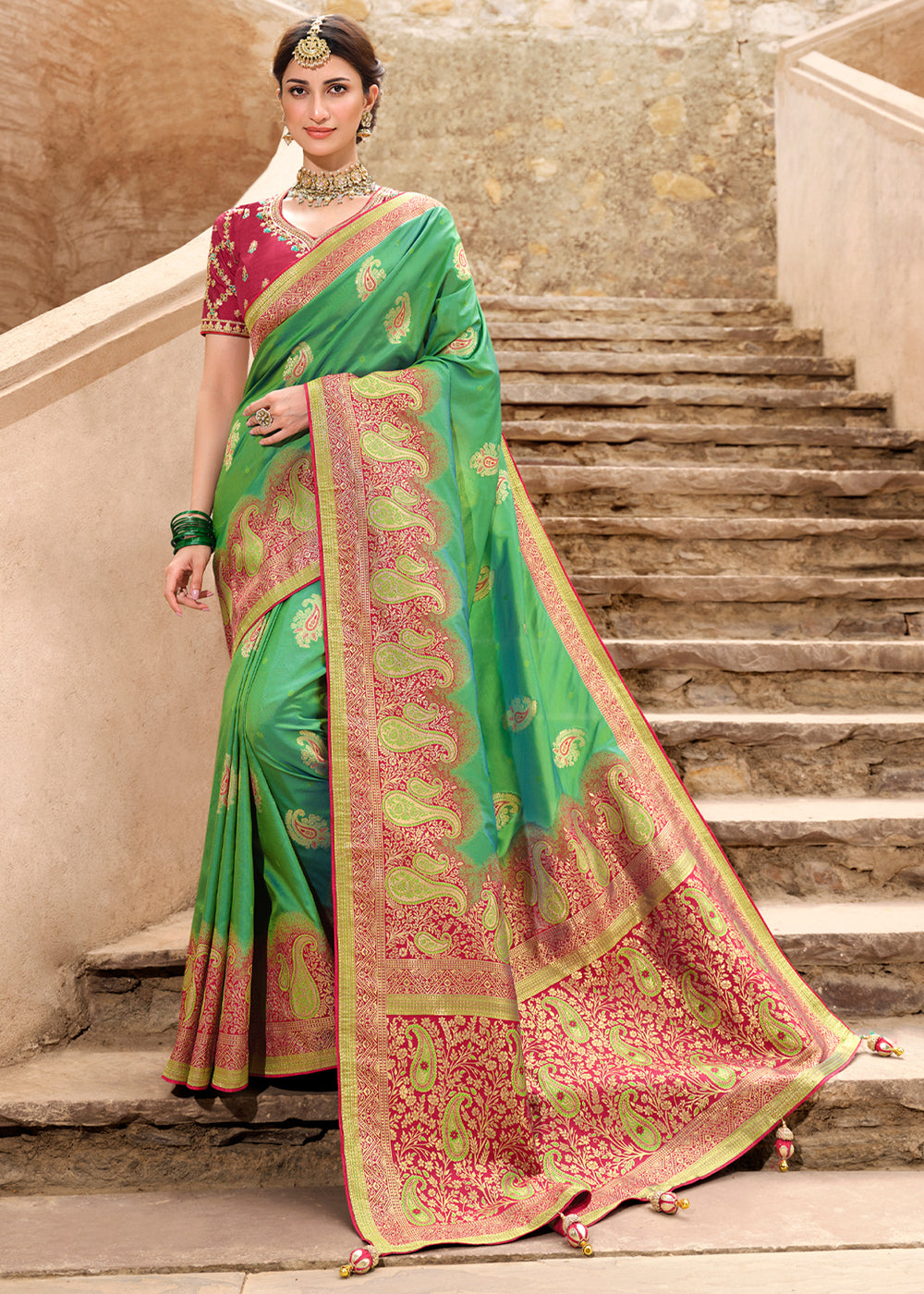 Silver Tree Green and Pink Woven Designer Banarasi Silk Saree