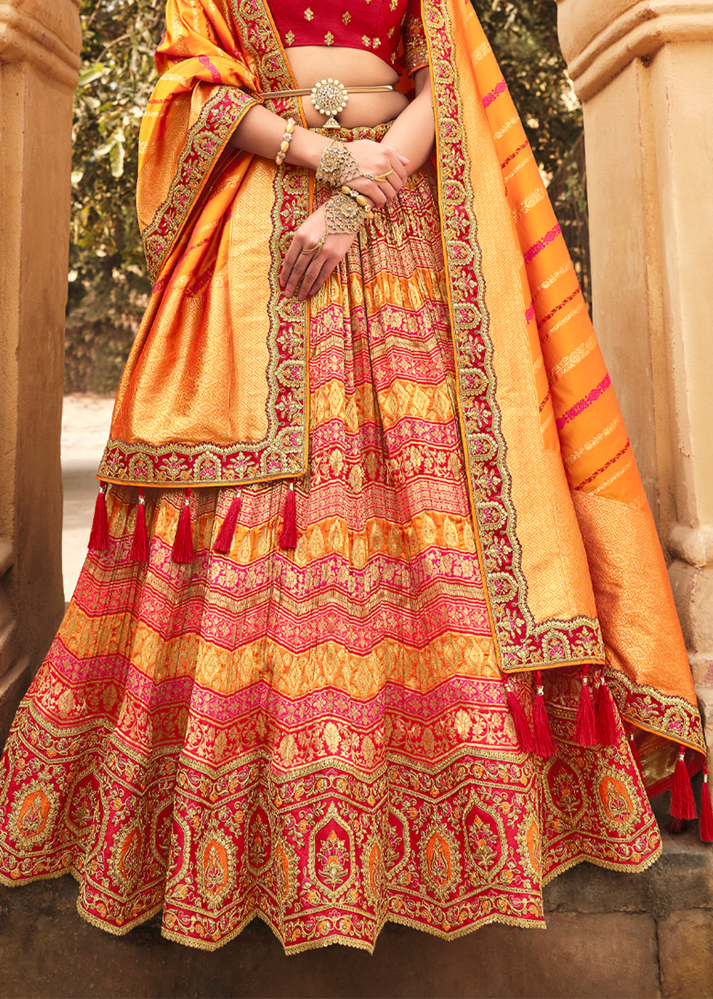 Valencia Red and Orange Heavy Embroidered Lehenga