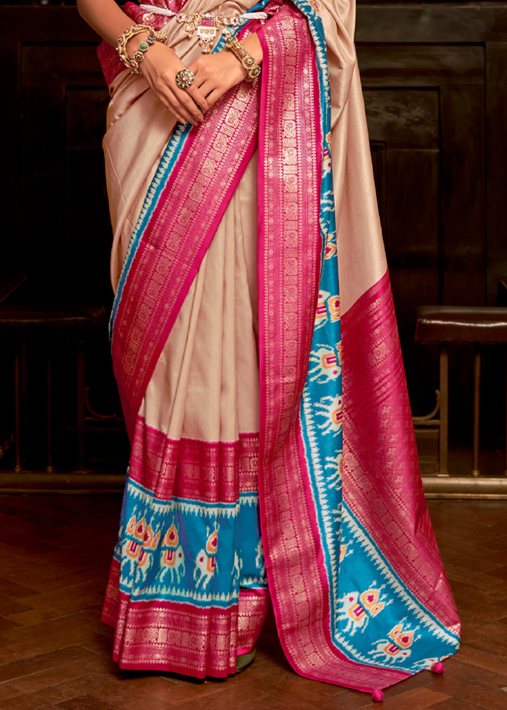 Cameo Beige and Pink Banarasi Patola Saree