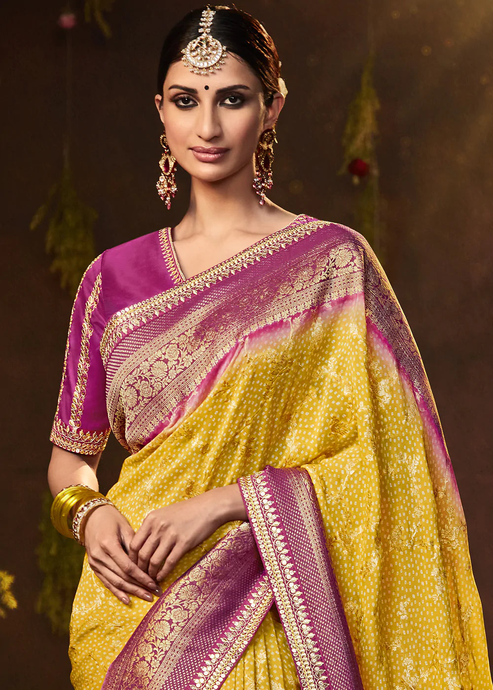 Anzac Yellow Woven Georgette Designer Saree with Embroidered Blouse