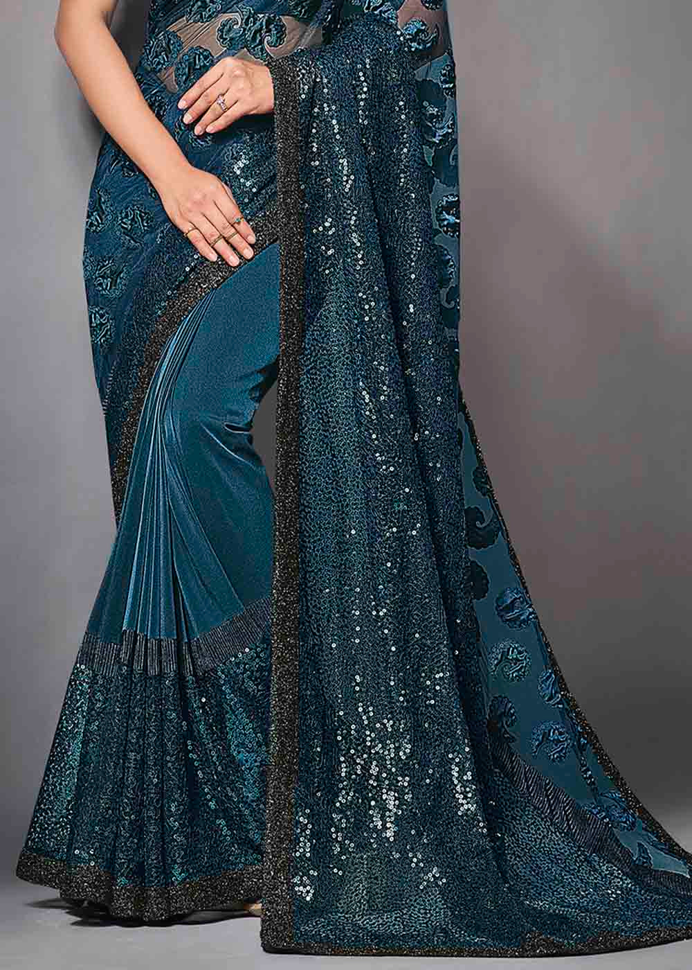 San Blue Designer Lycra Saree with Embroidery Work