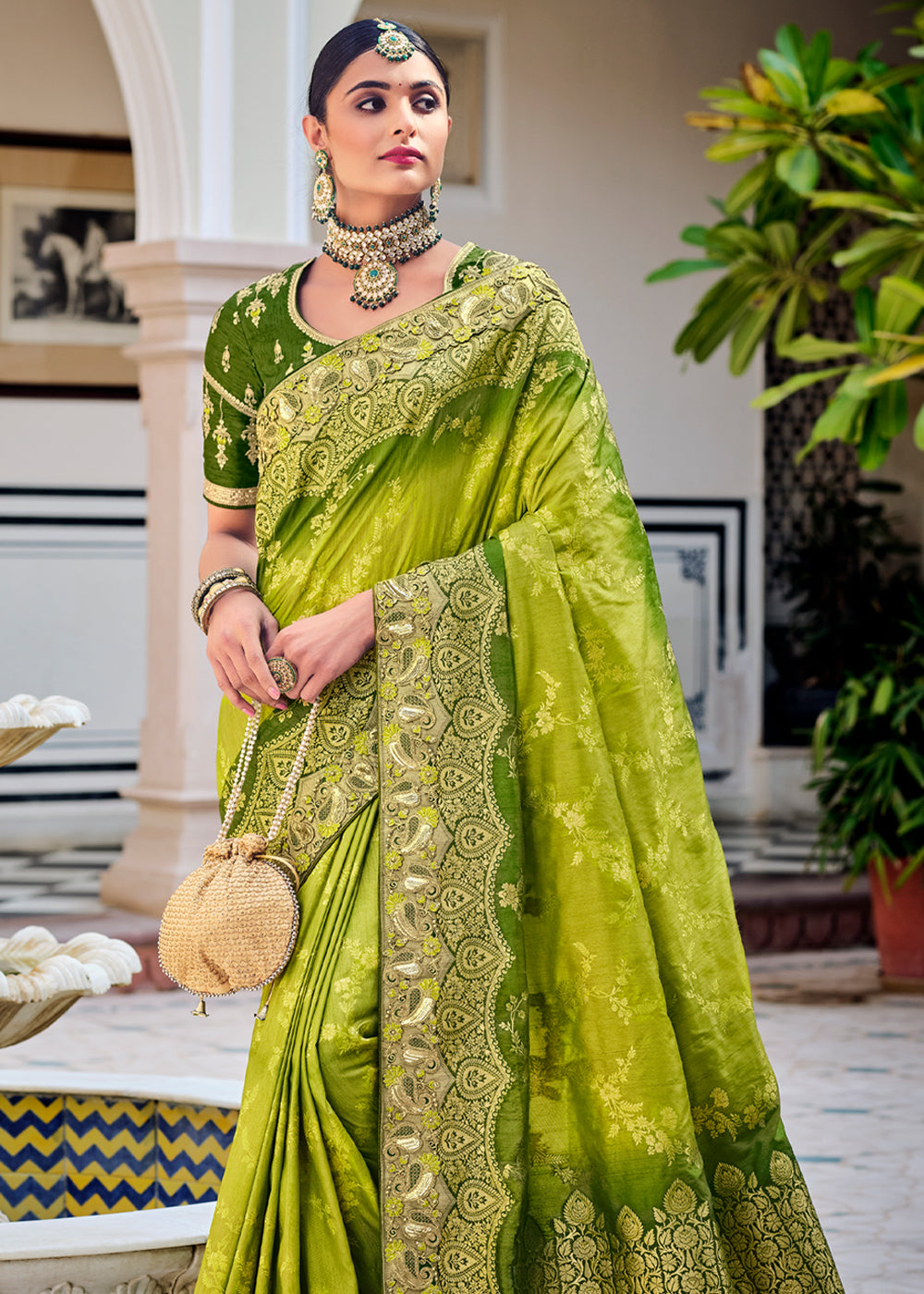 Lemon Green Zari Woven Designer Banarasi Saree