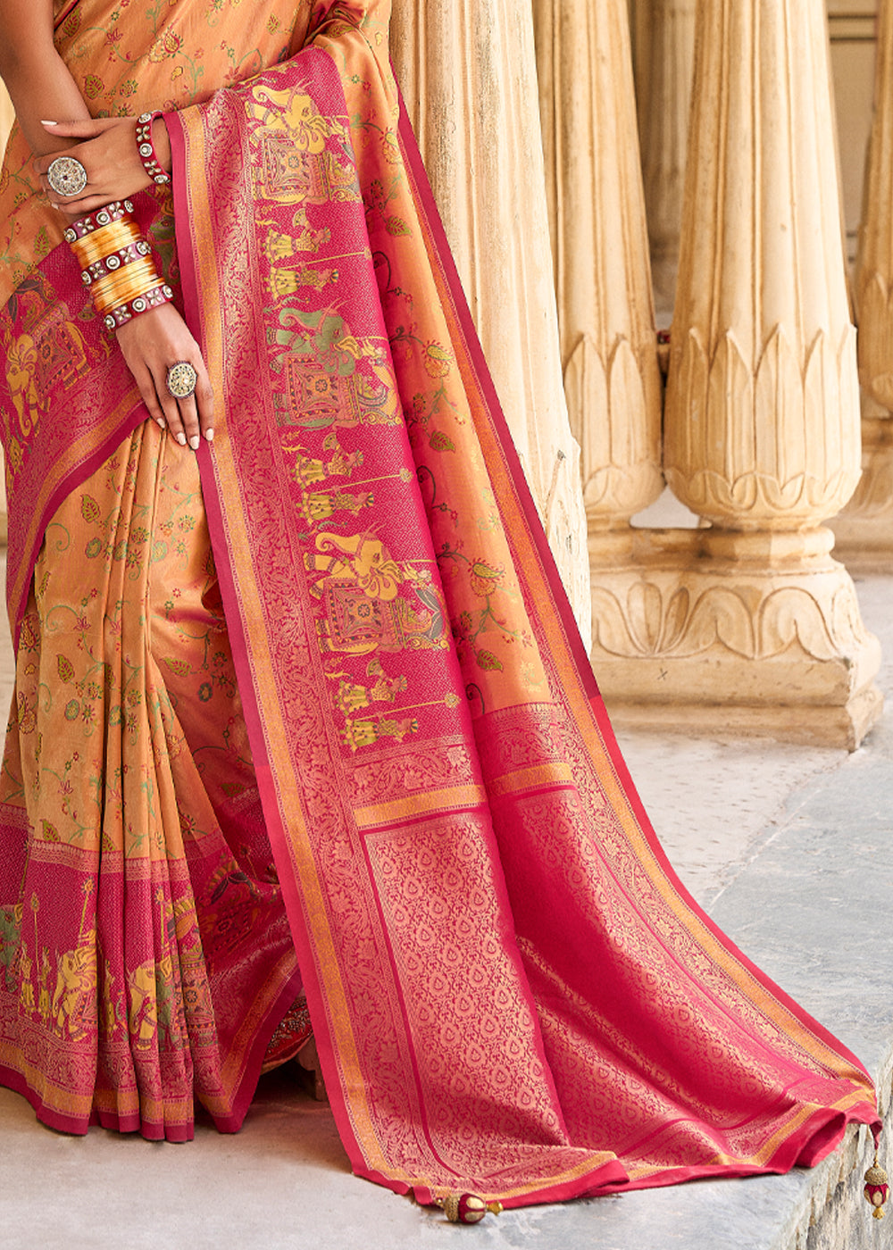 Peach Orange and Red Designer Banarasi Saree