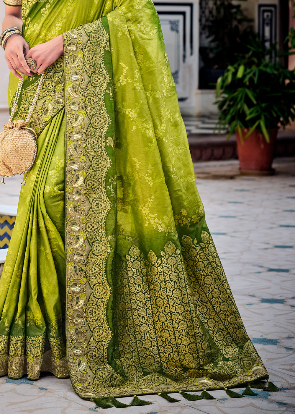 Lemon Green Zari Woven Designer Banarasi Saree