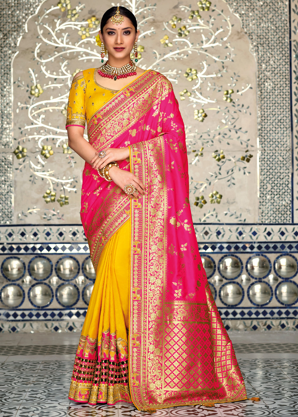 Canary Yellow & Pink Zari Woven Designer Banarasi Saree