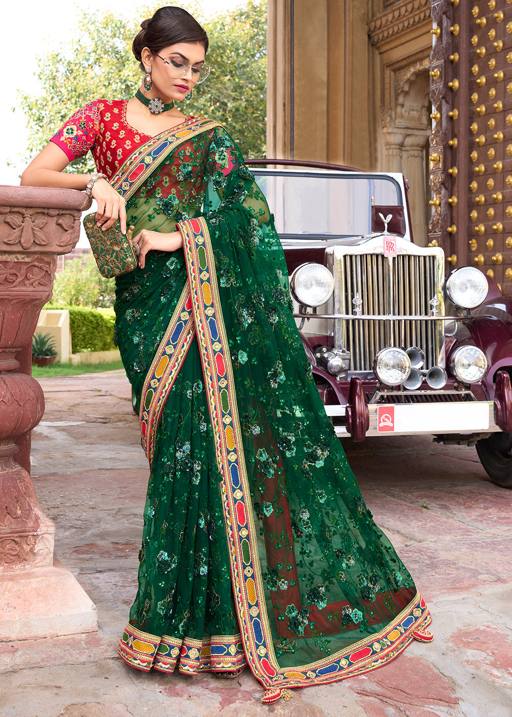 Celtic Green and Red Designer Silk Saree