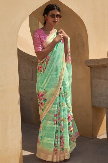 Forest Green and Pink Digital Printed Linen Floral Saree