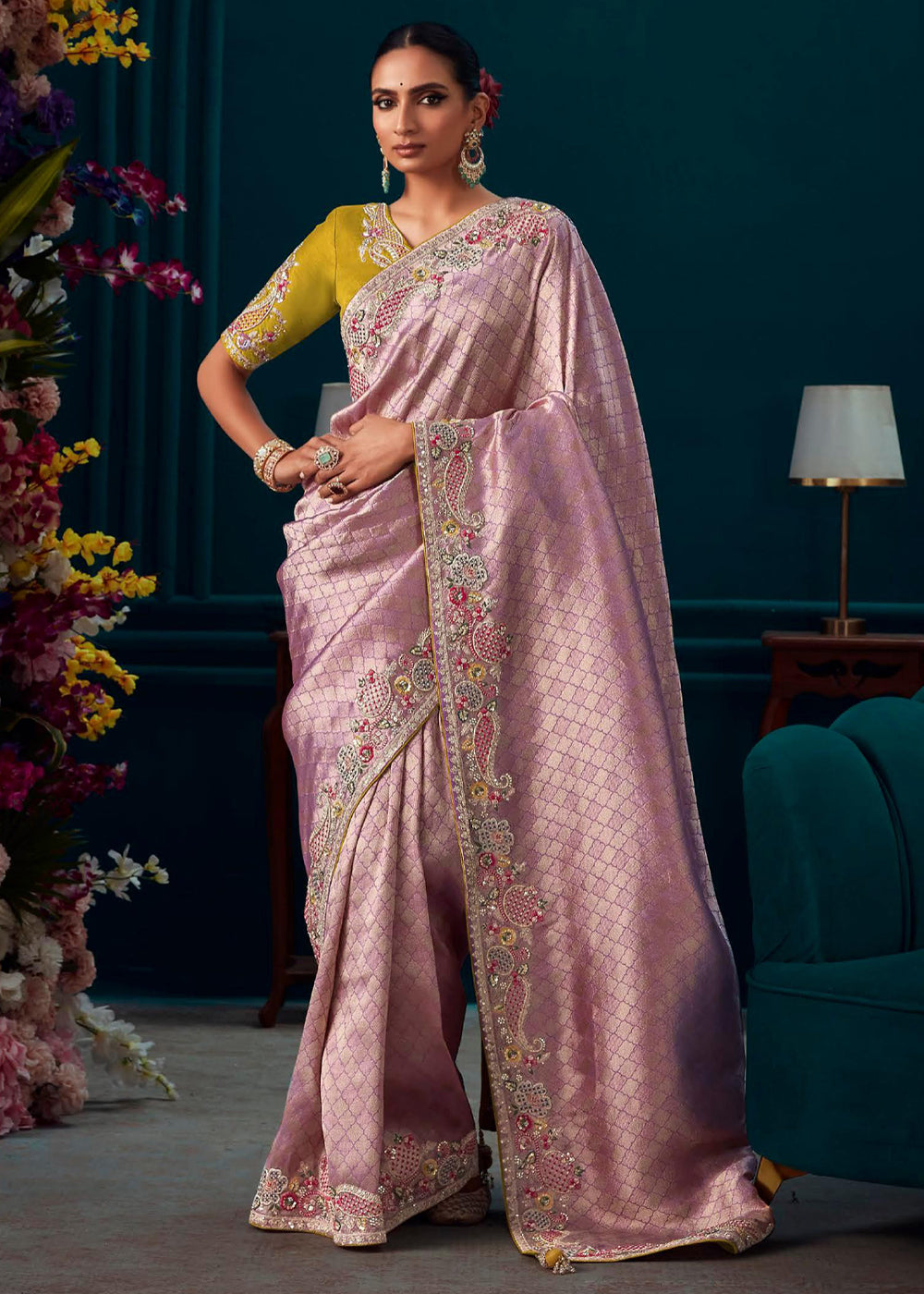 Clam Shell Pink Woven Embroidered Banarasi Silk Saree