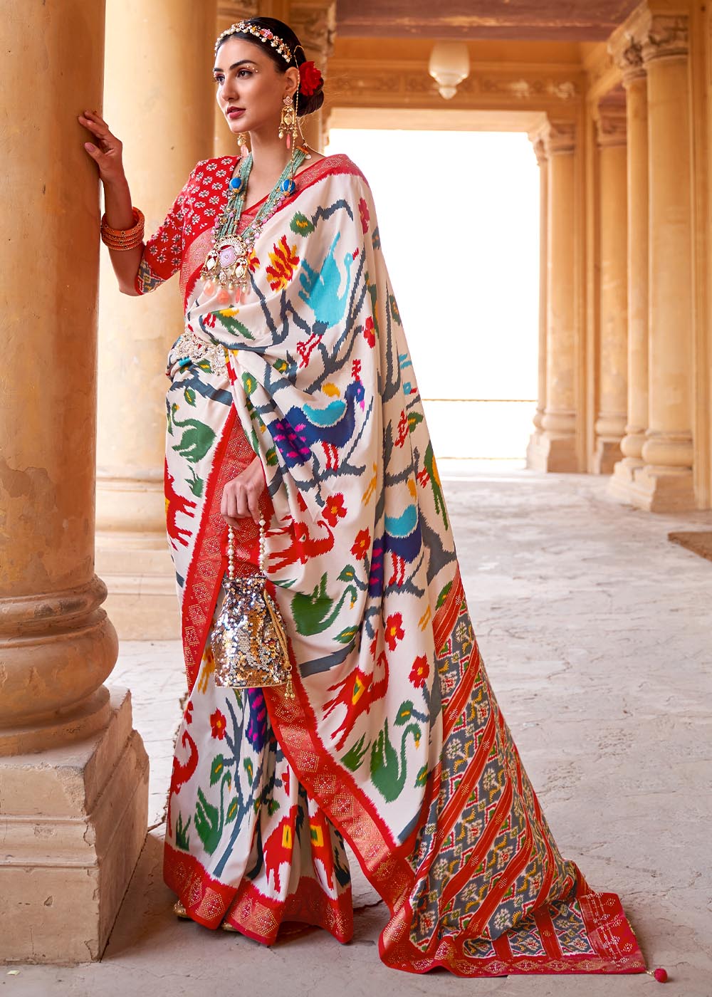 Pearl Bush White and Red Printed Patola Saree