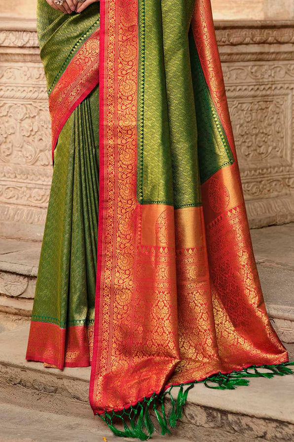 Corn Green and Red Zari Woven Kanjivaram Saree