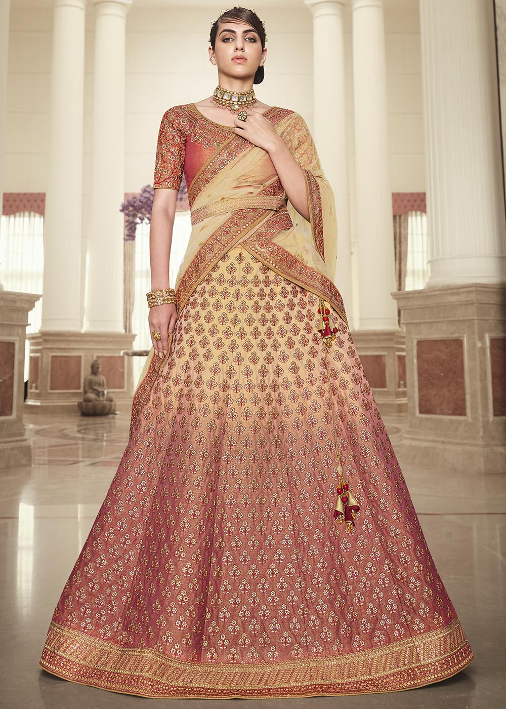 Chocolate Red and Cream Net Designer Lehenga With Heavy Embroidered Work