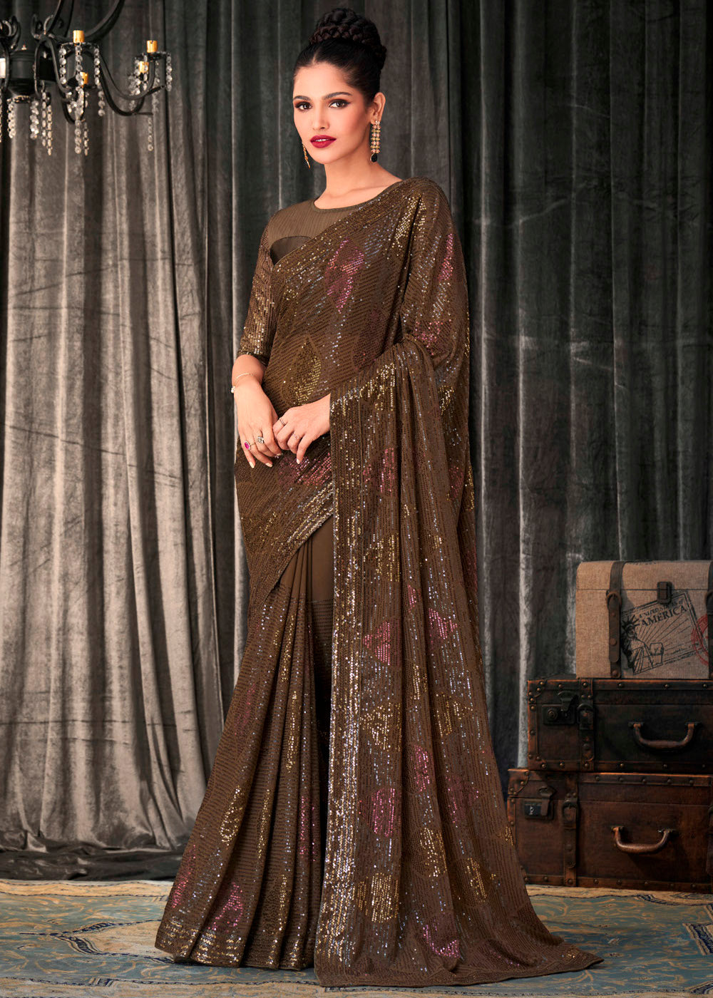 Millbrook Brown Sequins Embroidered Designer Georgette Saree