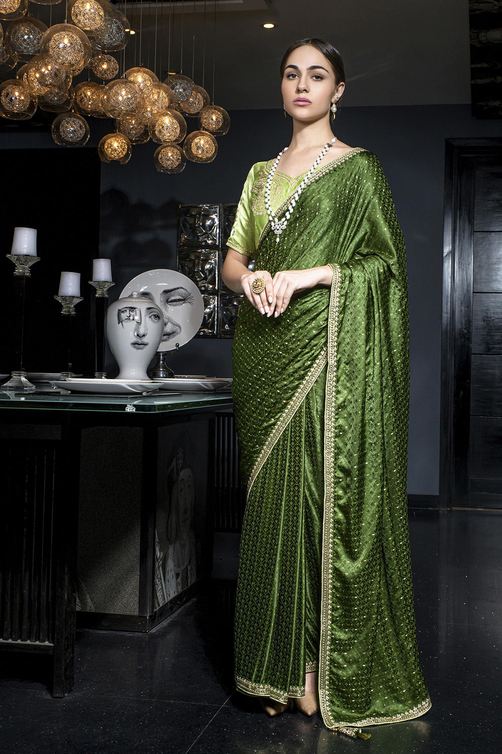 Avocado Green Satin Saree