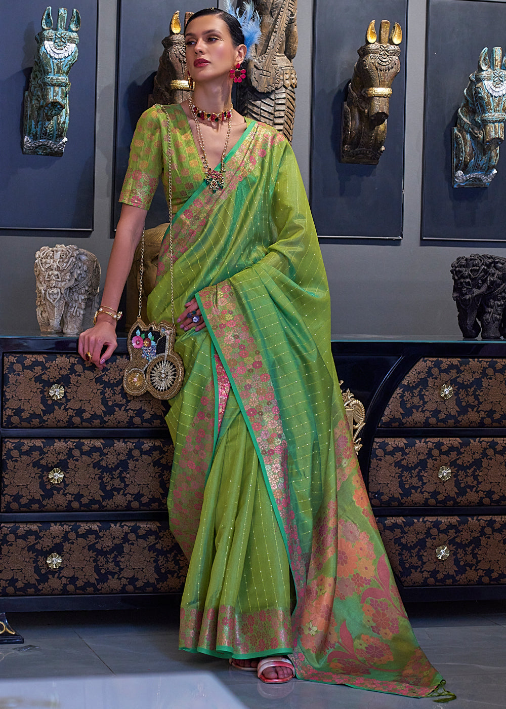 Olivine Green Woven Dual Tone Organza Banarasi Silk Saree