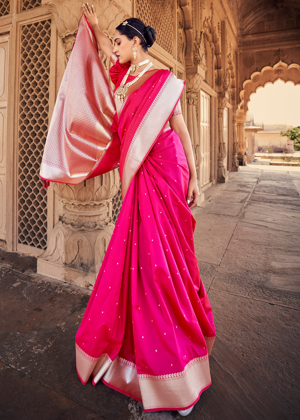 Radical Pink Woven Banarasi Satin Silk Saree