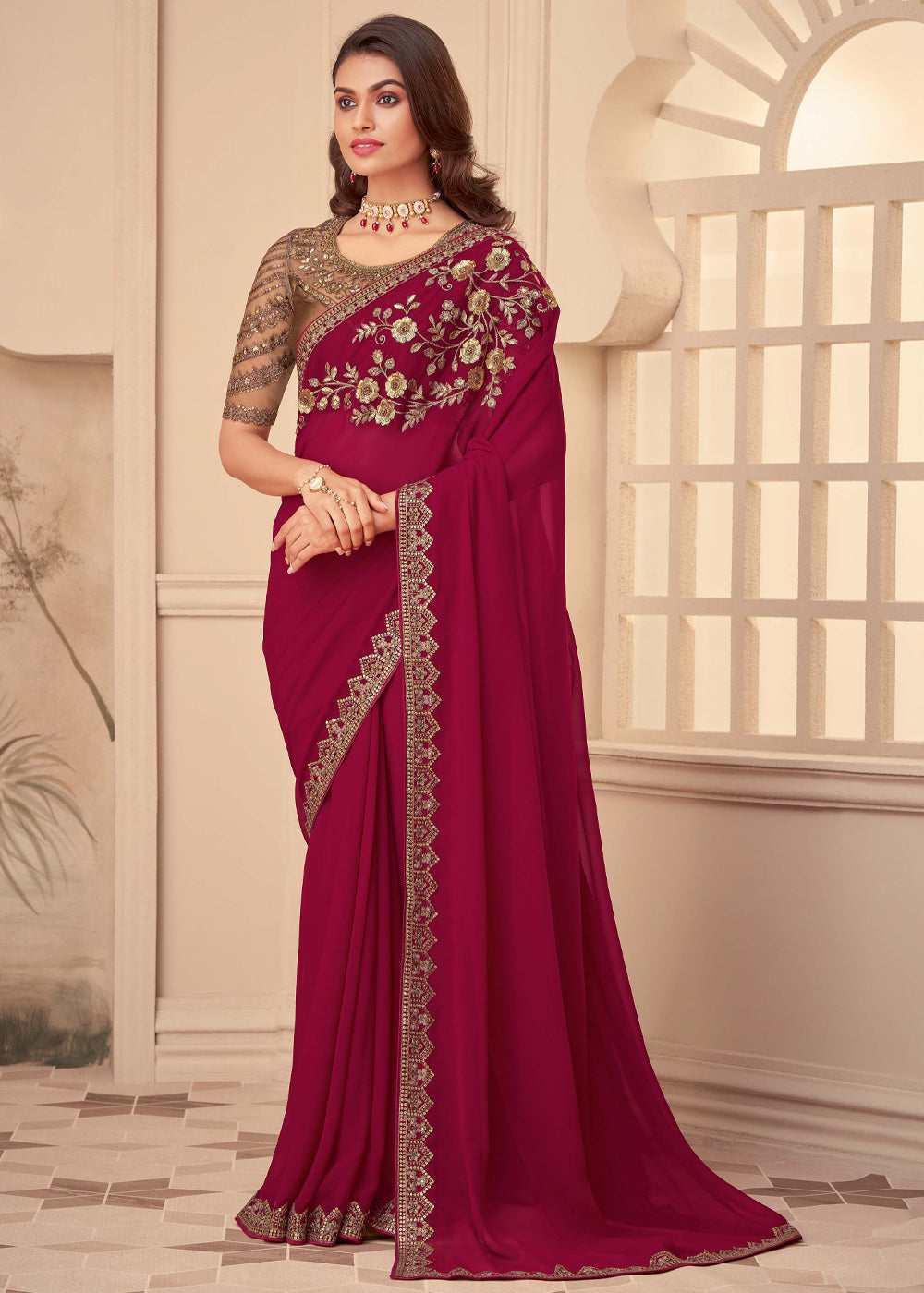 Night Shadz Maroon Georgette Designer Saree with Embroidered Blouse